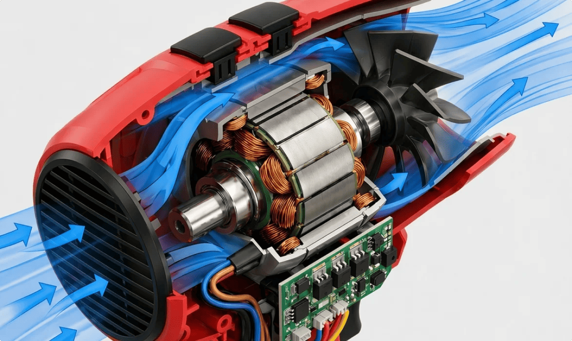 Cutaway view illustrating the blower motor and airflow